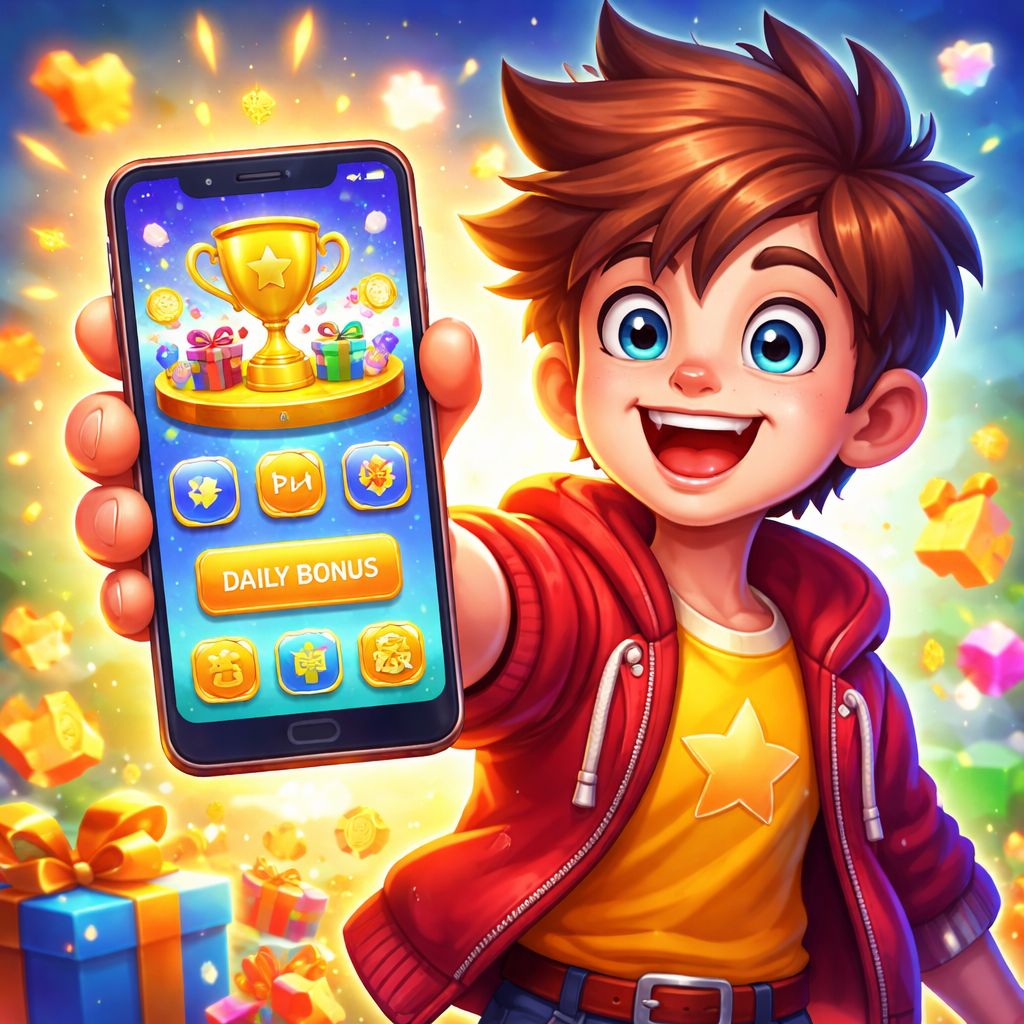 EK6666 app themed cartoon character with smartphone and bright mobile interface