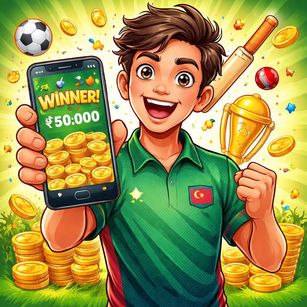EK6666 themed cartoon betting character with coins and mobile phone