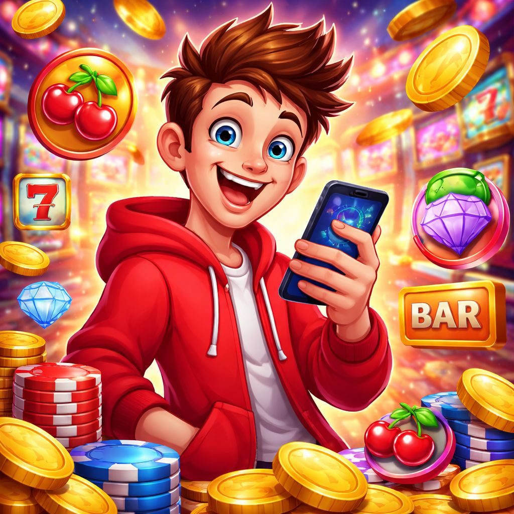 EK6666 Casino cartoon characters with chips, coins, and mobile gaming elements