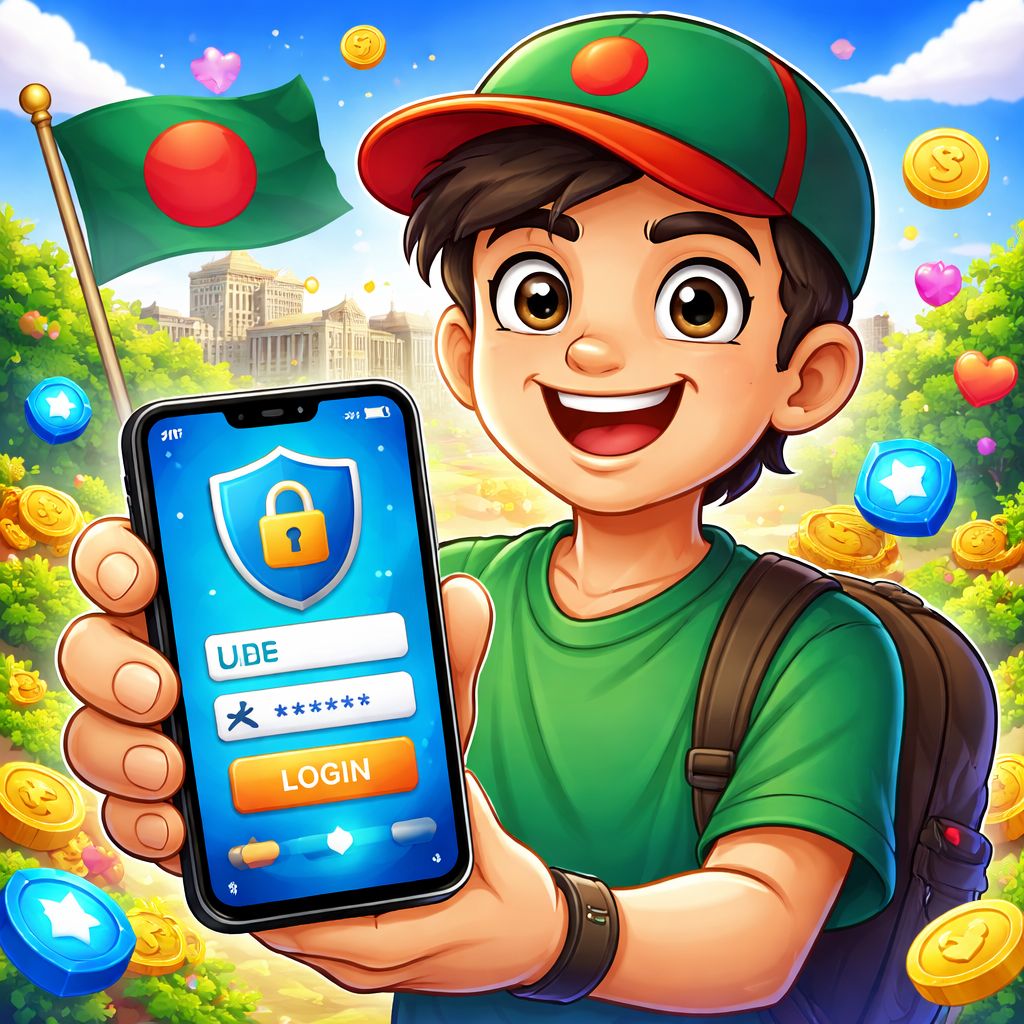 Cartoon character using a smartphone to access EK6666 login with secure icons